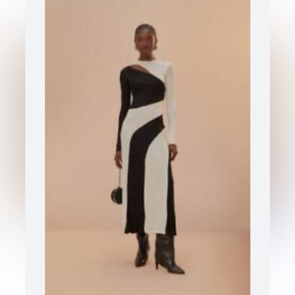 New! Farm Rio Shoulder Cutout Black White Cut Out Long Sleeve Midi Dress M